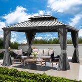 10'x12' Hardtop Gazebo Galvanized Steel Double-Roof Gazebo w/ Netting & Curtain, Black